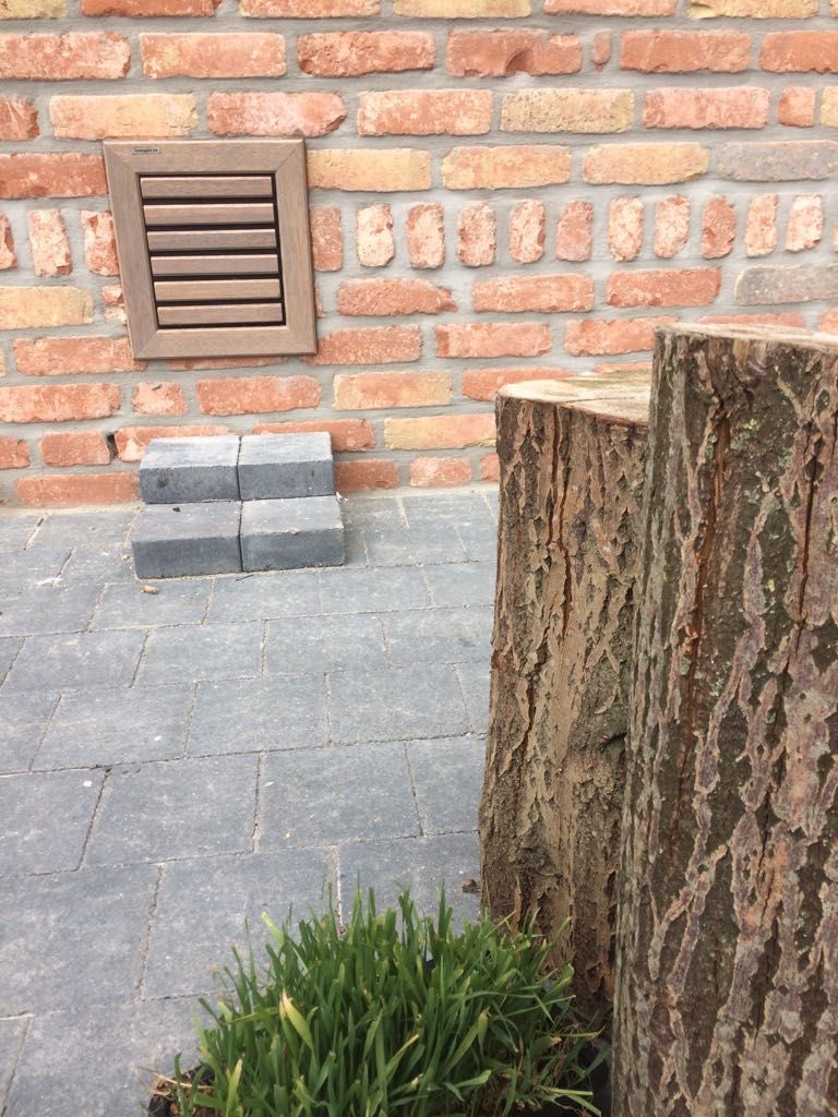 Porte pour chien et porte pour chat en bois sur mesure avec une finition à l'huile grise installée dans un mur de briques rustiques | © Tomsgates