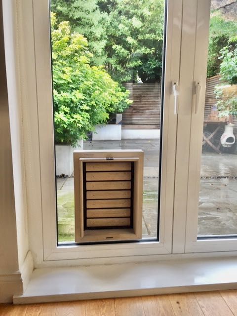 Dog Flap | Cat Flap | Dog Door | Cat Door | Bouncer (Large) Grey wooden dog flap for a Boxer and cat door installed in a double glazed window with aluminium profiles | © Tomsgates